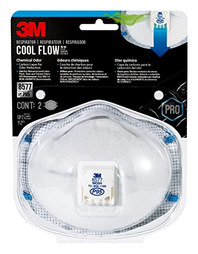 3M P95 Particulate Respirator 8577, 2 Pack, Carbon Layer For Odor Reduction, Features COOL FLOW Exhalation Valve, NIOSH-APPROVED, Advanced Filter Media For Easy Breathing, Comfortable (8577C2-DC-PS)