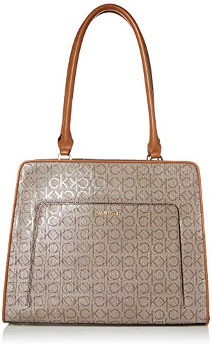 Calvin Klein Margot Textured Logo Tote, Almond/Taupe/Caramel Embossed