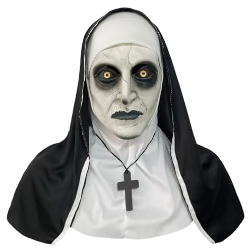 FULNEW Nun Costume Mask 2023 Latest Version - Realistic Latex Mask with Headgear and Cross Necklace for Halloween Night (ShutMouth)