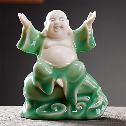Houlu Small Green Fat Laughing Buddha Statue for Good Luck, Ceramic Lucky Happy Buddha Statue for Home Décor