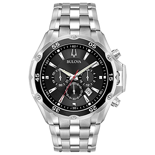 Bulova Men's Classic Stainless Steel 6-Hand Chronograph Quartz Watch, Black Dial Style: 98B333