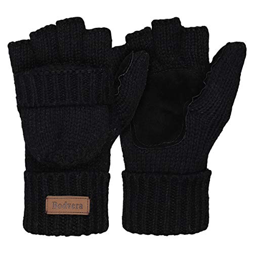Bodvera Thermal Insulation Fingerless Texting Wool Gloves for Women and Men Winter Warm Knitted Convertible Mittens Flap