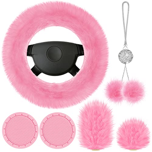 Frienda 6 Pieces Fluffy Car Accessories Set Fluffy Steering Wheel Cover Soft Fuzz Handbrake Cover Gear Shift Cover Bling Car Mirror Fuzz Car Decoration 2 Pieces Bling Car Pad (Pink, Long Hair)