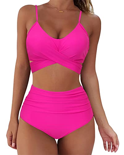 SUUKSESS Women High Waisted Bikini Criss Cross Swimsuits Push Up Bathing Suits(M, Hot Pink)
