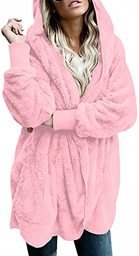 LONGYUAN Women's Casual Fleece Jackets Cardigans Comfy Fuzzy Open Front Hooded Sweater with Pockets Dark Pink XX-Large