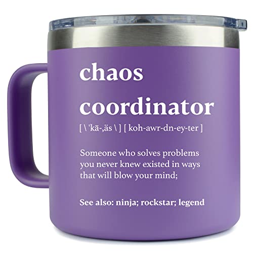 Chaos Coordinator Mug Tumbler [Premium] -14oz Purple - Unique Gift Idea for Boss Women, Her, Best Mom, Coworker, Office Manager, Teacher, Boss Lady, Office, Wedding Planner, Thank You, Nurse, Admin
