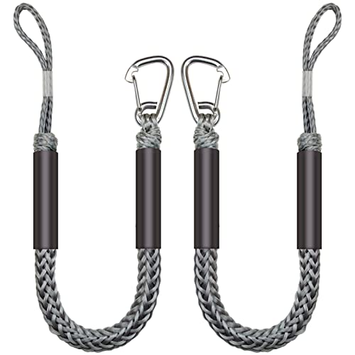 ONOSHIP 316 Stainless Clip 3FT Boat Bungee Dock Lines 2PCS Boat Accessories Marine Grade Quickly Mooring for Jet Ski, SeaDoo, Yamaha WaveRunner, Kayak, Pontoon Boat, Dinghy 3~4.5ft (Grey, 3 Feet)