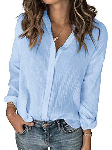 Karlywindow Womens Long Sleeve Button Down Cotton Linen Shirt Blouse Loose Fit Casual V-Neck Tops Light Blue