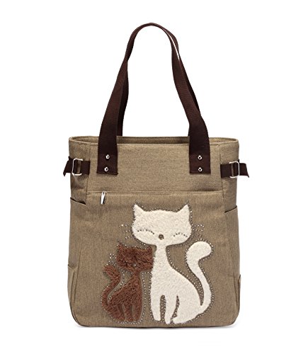 Women Canvas Handbag Kaukko Shoulder Bag Cat Big Tote Bag Khaki