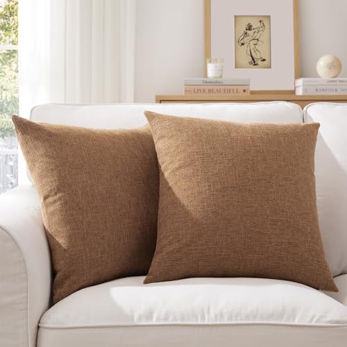 Meekio Set of 2 Camel Pillow Covers 20 x 20 Inch Farmhouse Boho Decorative Throw Pillow Covers Linen Cushion Covers for Sofa Couch Décor