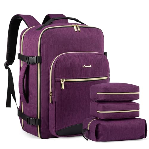 LOVEVOOK Large Travel Laptop Backpack Women, 40L Flight Approved Carry on Backpack Waterproof 17.3inch Luggage Daypack Business Weekender Overnight Bag with 3 Packing Cubes, Purple