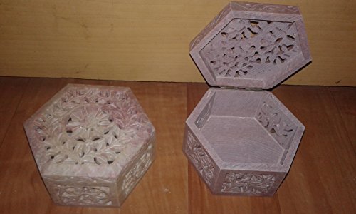 Natural Soapstone Jewelry Storage Box 2 Pcs Hand Carved Under Cut Jali Work Box 5' X 5' Inch ~ Handmade Marble Jewelry Box with multiple use for keeping watch and other small items, valentine gift