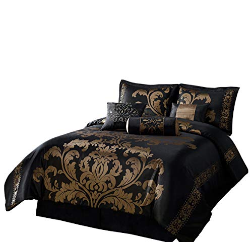 Chezmoi Collection 7-Piece Jacquard Floral Comforter Set/Bed-in-a-Bag Set, King, Black Gold