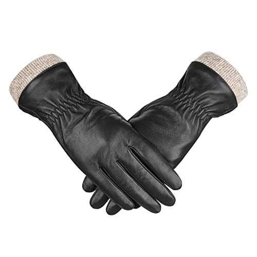 Alepo Genuine Sheepskin Leather Gloves For Women, Winter Warm Touchscreen Texting Cashmere Lined Driving Motorcycle Dress Gloves (Black-S)