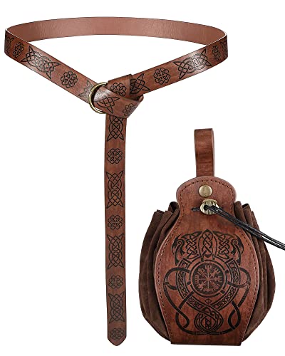2 Pcs Medieval Viking Belt Leather Belt Pouch Renaissance Leather Belt Medieval Bag Renaissance Accessories (Brown, Vintage)