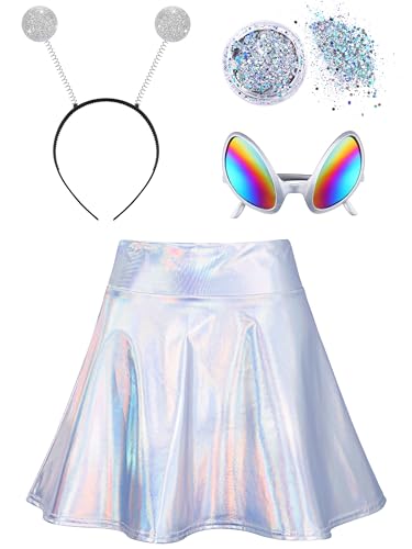 SOMSOC Alien Costume Women Metallic Skirt Antenna Headband Alien Glasses Holographic Glitter for Halloween Cosplay Costume, XX-Large