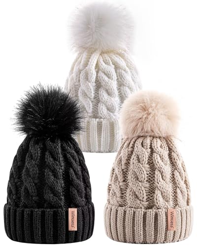 Winuesa 3 PCS Womens Knit Beanies with Pom Poms, Cute Warm Hats for Women Fall and Winter, Fashionable Skull Caps for Cold Weather-001