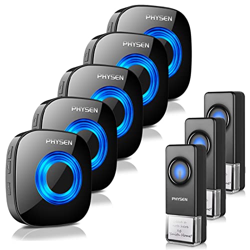 Wireless Doorbell PHYSEN Door bell Chimes with Mute Mode, 58 Ringtones&5 Volume Levels, Operating at 1300-ft Range, LED Strobe, 3 Transmitters+5 Receivers Waterproof Doorbell Kit for Home/Classroom