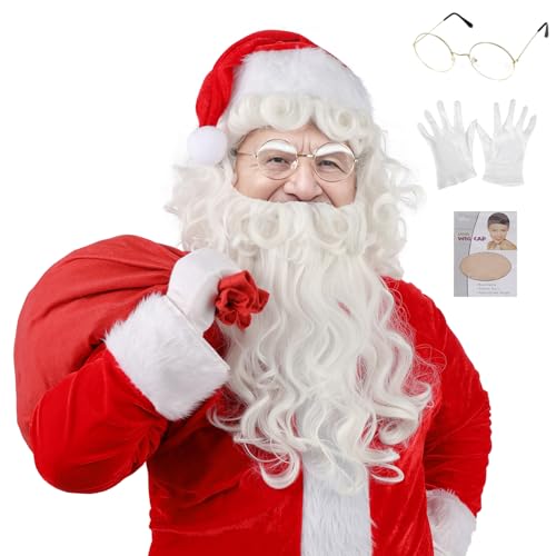 MUPUL Santa Beard and Wig Set Santa Claus Costume White Beard Wig Cosplay Christmas Wig Beard Accessories of Santa Claus Costume for Men Christmas Gift