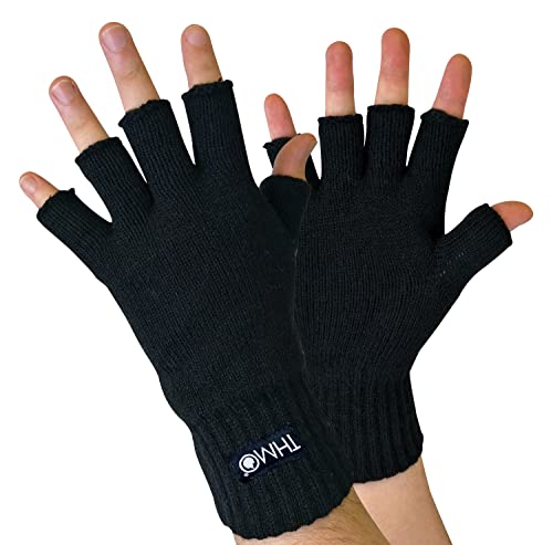 THMO - Mens Black 40 gram Thinsulate Insulated Winter Thermal Fingerless Gloves (L/XL, Black)