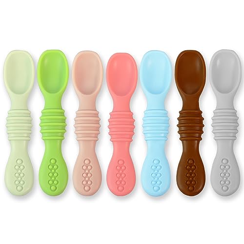 Baby Spoons Self Feeding 6+ Months - 7 Pack Silicone First Stage Infant Training Spoons, Baby Led Weaning Untensils for Toddlers, BPA-Free Rainbow Chewable Teething Spoons for Kids - Dishwasher Safe