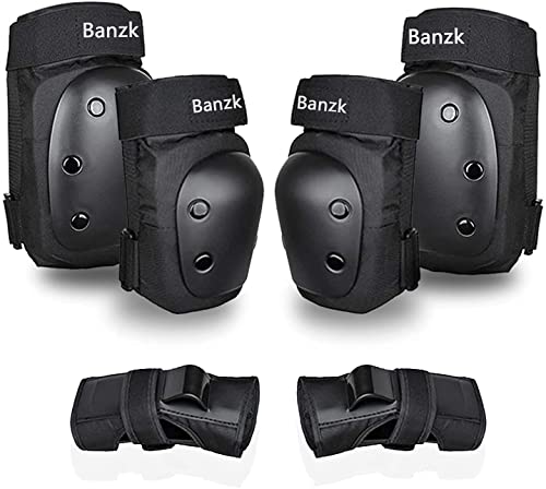 Banzk Adult Knee Pads Elbow Pads Wrist Guards for Adult Kids 6 in 1 Protective Gear Set for Skateboarding Biking Roller Skating Cycling Outdoor Sports Black L