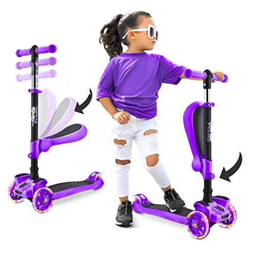 Hurtle 3-Wheeled Scooter for Kids - Wheel LED Lights, Adjustable Lean-to-Steer Handlebar, and Foldable Seat - Sit or Stand Ride with Brake for Boys and Girls Ages 1-14 Years Old
