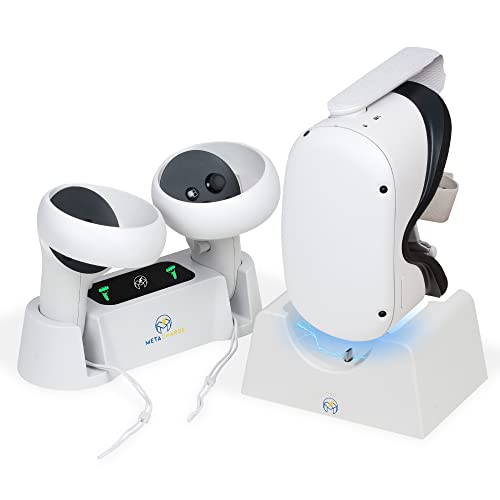 MetaCharge Charging Dock for Meta Quest 2 Virtual Reality Headset, Charging Station for Oculus VR, Comes with 2 Rechargeable Batteries (Support Elite Strap with Battery)