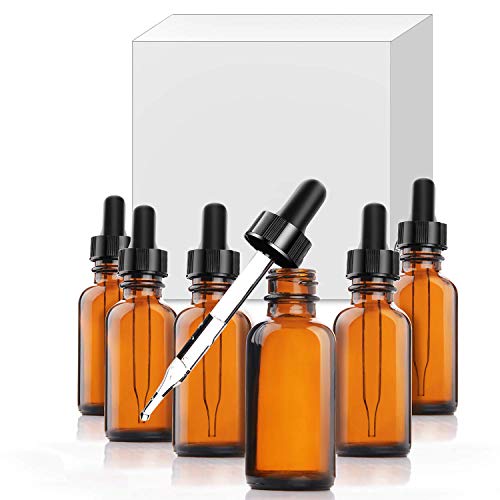 Yesker Amber Glass Bottles for Essential Oils with Glass Eye Dropper 30 ml (1oz) for Essential Oils, Chemistry Lab Chemicals, Colognes & Perfumes- Pack of 6