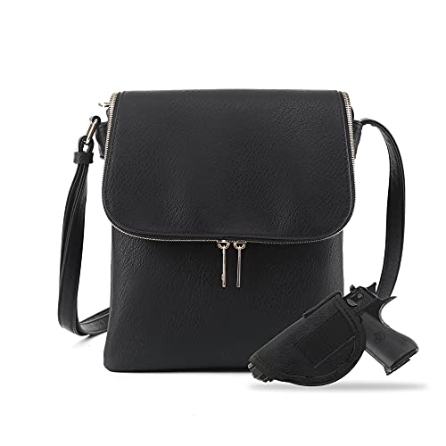 JESSIE & JAMES Double Compartment Flapover Concealed Carry Purses Handgun Crossbody Bag Shoulder Bag with Lock and Key| Black