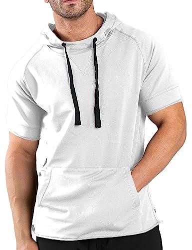 COOFANDY Men's Casual Hoodies Pullover Short Sleeve Cotton Gym Workout T-shirts Hooded Sweatshirt with Pocket White