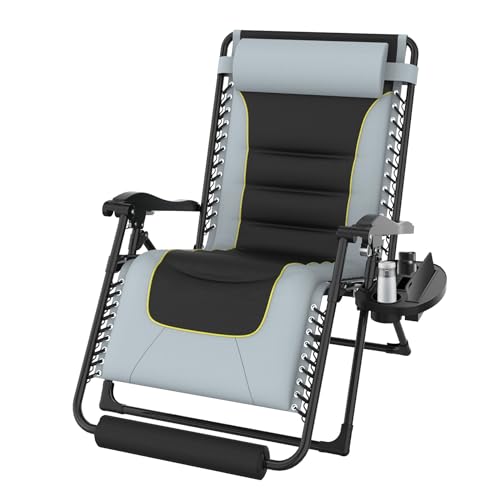 Suteck Oversized Zero Gravity Chair 29In XL Reclining Camping Chair w/Build-in Cushion, Outdoor Lounge Chairs Patio Recliner with Larger Cup Holder Footrest Padded Headrest, 330LBS, Grey&Black