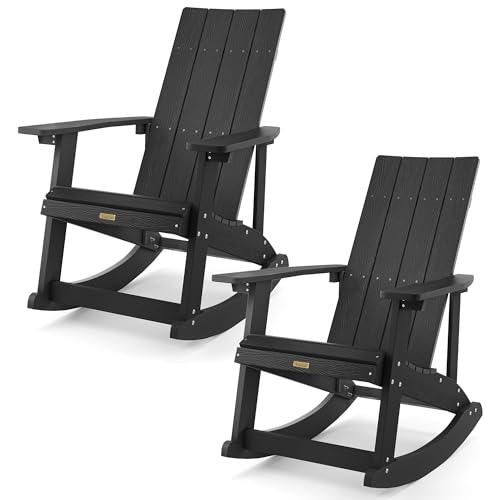 LUE BONA 2-in-1 Adirondack Rocking Chairs Set of 2, HDPS Poly Rocking Chair Outdoor, Modern Plastic Adirondack Chair for Fire Pit, Pool, Deck, Weather Resistant Rocker Chair for Porch, Yard, Black