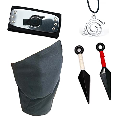 Fusovon Leaf Village Metal Plated Headband & Kakashi Cosplay Mask Veil & Ninja Props Kunai Plastic Japanese Anime Cosplay