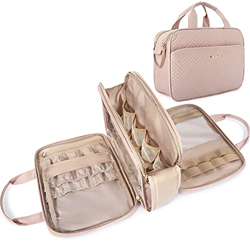 BAGSMART Large Toiletry Bag, Travel Makeup Organizer, Water-resistant Makeup Cosmetic Bag Door Room Essentials Travel Bag for Accessories, Shampoo, Full Sized Container, Toiletries (Pink, Large)