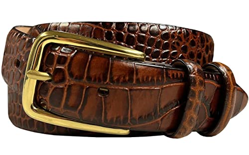 Andrew Men's Dress Belt Solid Brass Buckle (Gold) Italian Calfskin Genuine Leather Dress Belt 1-1/8'(30mm) Wide (Alligator Brown, 34)