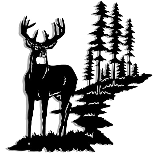 Moxweyeni Metal Deer Wall Art Forest Deer Wall Decor Metal Tree Wall Art Metal Deer Decor Rustic Forest Hunting Sign for Living Room Bedroom Bathroom Indoor Outdoor, 11.8 x 7.9 Inch(Black)