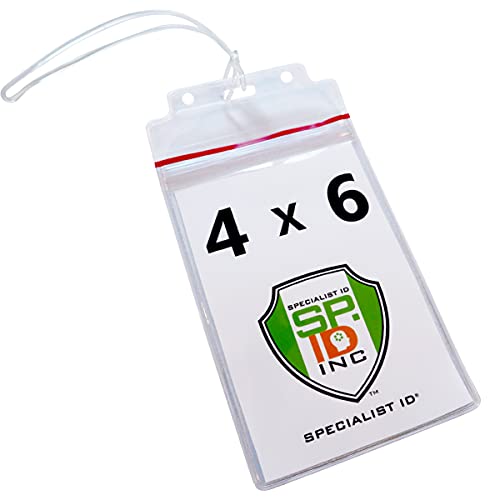 5 Pack - Extra Large Luggage Tags - Clear 4x6 Heavy Duty Cruise Ship I'd Tag/Golf Bag Travel Document Holder w/ 9' Plastic Loop - Waterproof Immunization Card Zip Pouch for Backpack by Specialist ID