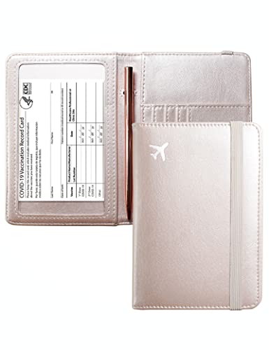 Mymazn Passport and Vaccine Card Holder Combo Passport Holder Wallet With Vaccination Card Holder Passport Case with RFID Blocking Clear Pocket For Vaccine Card Holder (Champagne Pink)