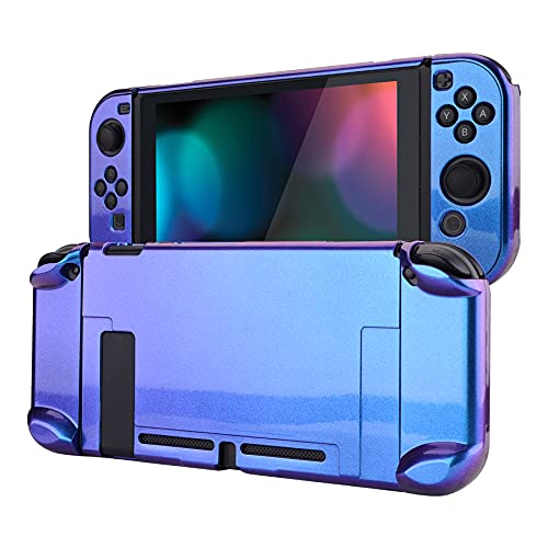 eXtremeRate PlayVital Glossy Back Cover for Nintendo Switch Console, NS Joycon Handheld Controller Separable Protector Hard Shell, Dockable Protective Case for Nintendo Switch - Chameleon Purple Blue