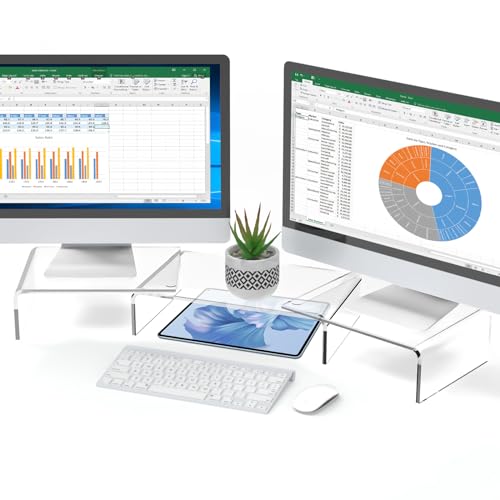 X-cosrack Acrylic Monitor Stand Riser,Dual Monitor Stand with Adjustable Length and Angle,3 Shelf with Anti-Slip Mat for Laptop, Computer, PC, Printer,TV Screen