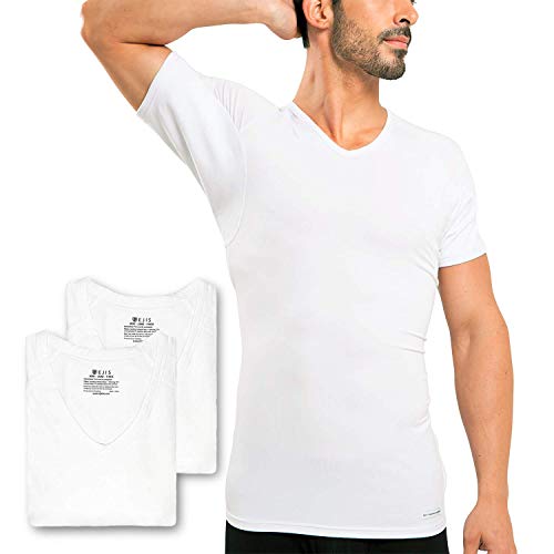 Ejis Sweat Defense Undershirt | V Neck (3-Pack) | Underarm Sweat Proof Micro Modal (Large, White)