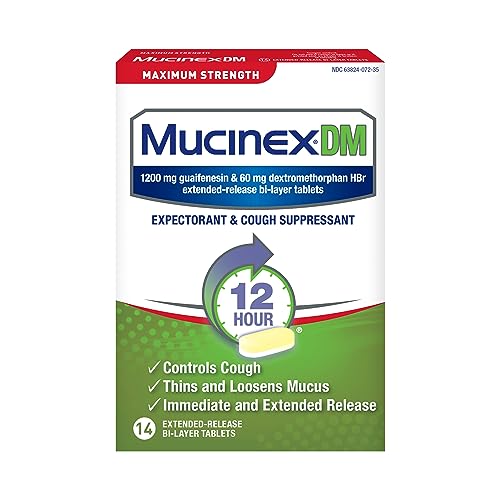 Mucinex Cough Suppressant and Expectorant, DM Maximum Strength 12 Hour Tablets, 14ct, 1200 mg Guaifenesin, Relieves Chest Congestion, Quiets Wet and Dry Cough, #1 Doctor Recommended OTC expectorant