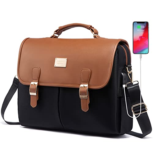 LOVEVOOK Laptop Bag for Women, 15.6 inch Large Capacity Computer Briefcase Case, Crossbody Messenger Shoulder Bag, Office Business Work Tote Bags Purse for Travel Gifts, Brown-black