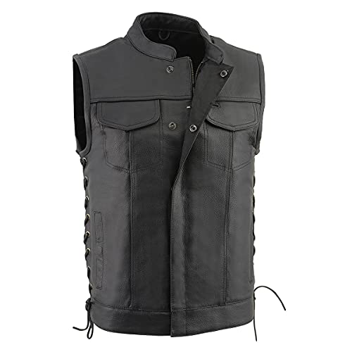 Milwaukee Leather LKM3712 Men's Black Leather Club Style Motorcycle Rider Vest w/Front Snap/Zipper and Side Lace - X-Large