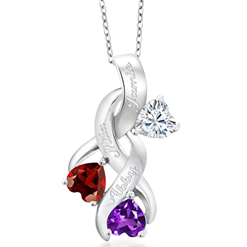 Gem Stone King 925 Sterling Silver Customized and Personalized 3-Stones Heart Shape Gemstone Birthstone Mothers Pendant Necklace For Women with 18 Inch Chain