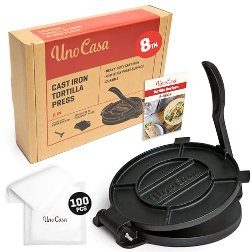 Uno Casa Cast Iron Tortilla Press 8 Inch - Tortilla Maker Press, Pre-Seasoned Roti Maker with 100 Pcs Parchment Paper, Heavy Duty Quesadilla Maker - Pataconera for Flour Tortilla, Tawa