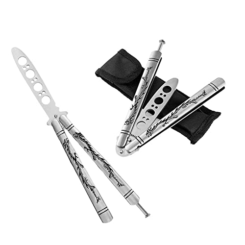 NOMEIZ Finger Flip Training knife with Dull Blade, Full Stainless Steel Black Dragon Pattern Unsharpened 100% Safe for CSGO Training (Silver)