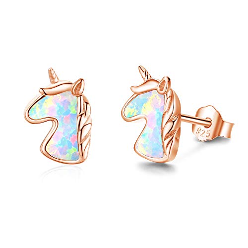 Unicorn Stud Earrings S925 Sterling Silver Hypoallergenic Created Opal Earrings Cute Birthday Gift for Women Daughter