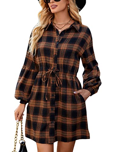 Blooming Jelly Womens Plaid Dress Flannel Puff Sleeve Button Down Shirt Dress Fall Casual Dresses 2023 Mini Dress(Large,Brown Plaid)